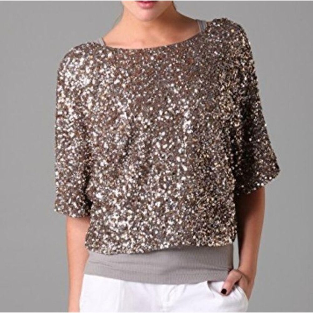 Vince Sequin sparkle Top size small gold cropped Short Sleeve club party bridal - Picture 2 of 8